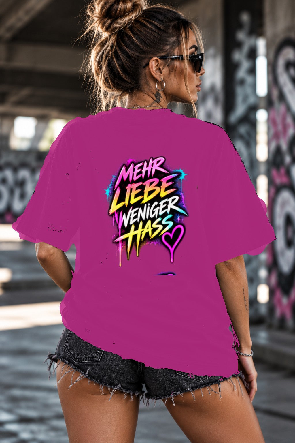 Neon Vibe Damen Oversized T-Shirt – Mehr Liebe Weniger Hass – DTF Backprint in Pink, Größe 5XL