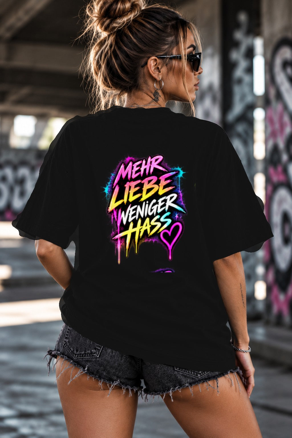 Neon Vibe Damen Oversized T-Shirt – Mehr Liebe Weniger Hass – DTF Backprint in Schwarz, Größe 5XL