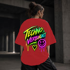 Neon Vibe Damen Oversized T-Shirt – Techno Verbindet – DTF Backprint in Rot, Größe 5XL