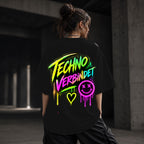 Neon Vibe Damen Oversized T-Shirt – Techno Verbindet – DTF Backprint in Schwarz, Größe 5XL