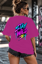 Neon Vibe Damen Oversized T-Shirt – Stay Wild – DTF Backprint in Pink, Größe 5XL