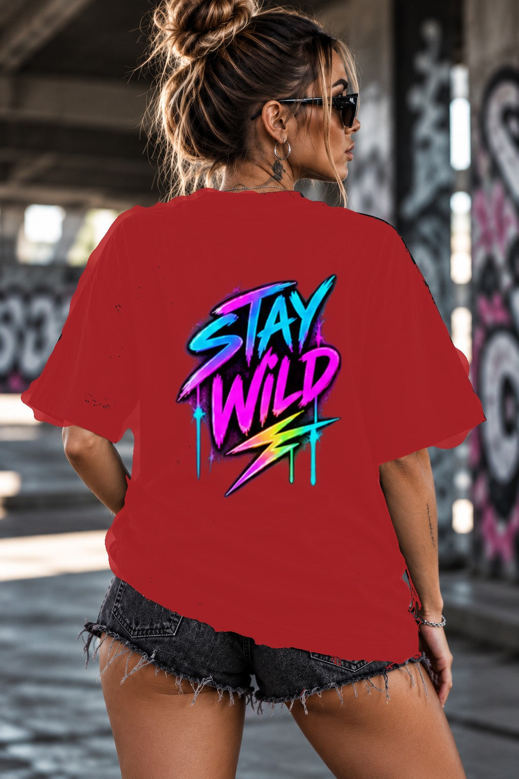 Neon Vibe Damen Oversized T-Shirt – Stay Wild – DTF Backprint in Rot, Größe 5XL