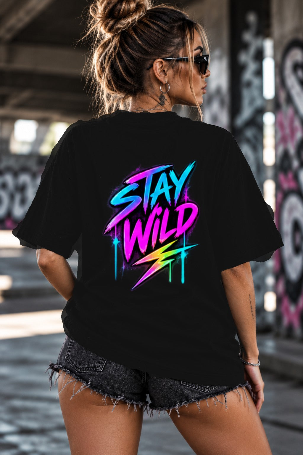 Neon Vibe Damen Oversized T-Shirt – Stay Wild – DTF Backprint in Schwarz, Größe 5XL