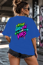 Neon Vibe Damen Oversized T-Shirt – Keine Grenzen Nur Vibes – DTF Backprint in Blau, Größe 5XL