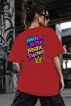 Neon Vibe Damen Oversized T-Shirt – Härter Besser Schneller – DTF Backprint in Rot, Größe 5XL