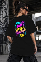 Neon Vibe Damen Oversized T-Shirt – Härter Besser Schneller – DTF Backprint in Schwarz, Größe 5XL