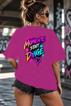 Neon Vibe Damen Oversized T-Shirt – Momente Statt Dinge – DTF Backprint in Pink, Größe 5XL