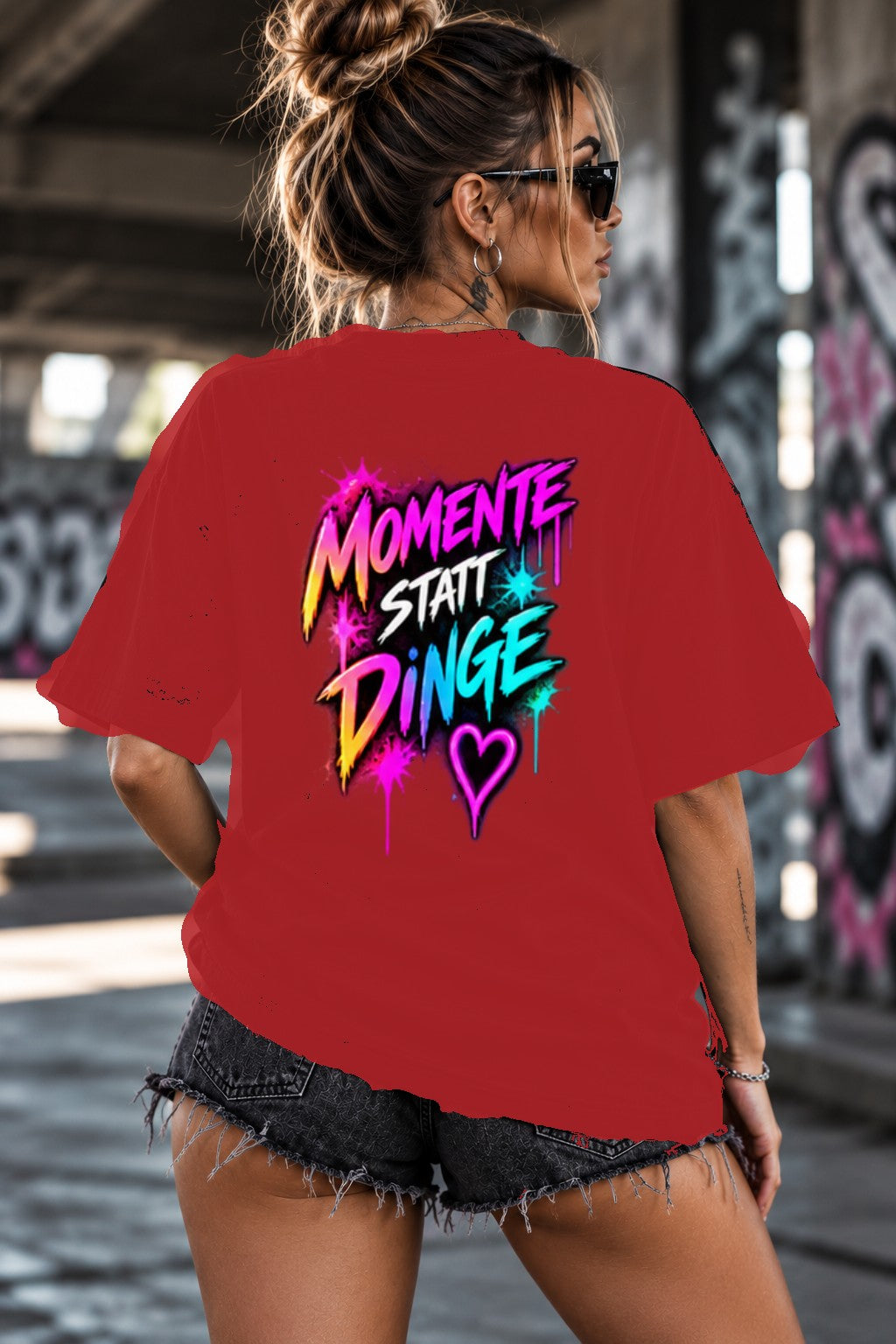 Neon Vibe Damen Oversized T-Shirt – Momente Statt Dinge – DTF Backprint in Rot, Größe 5XL