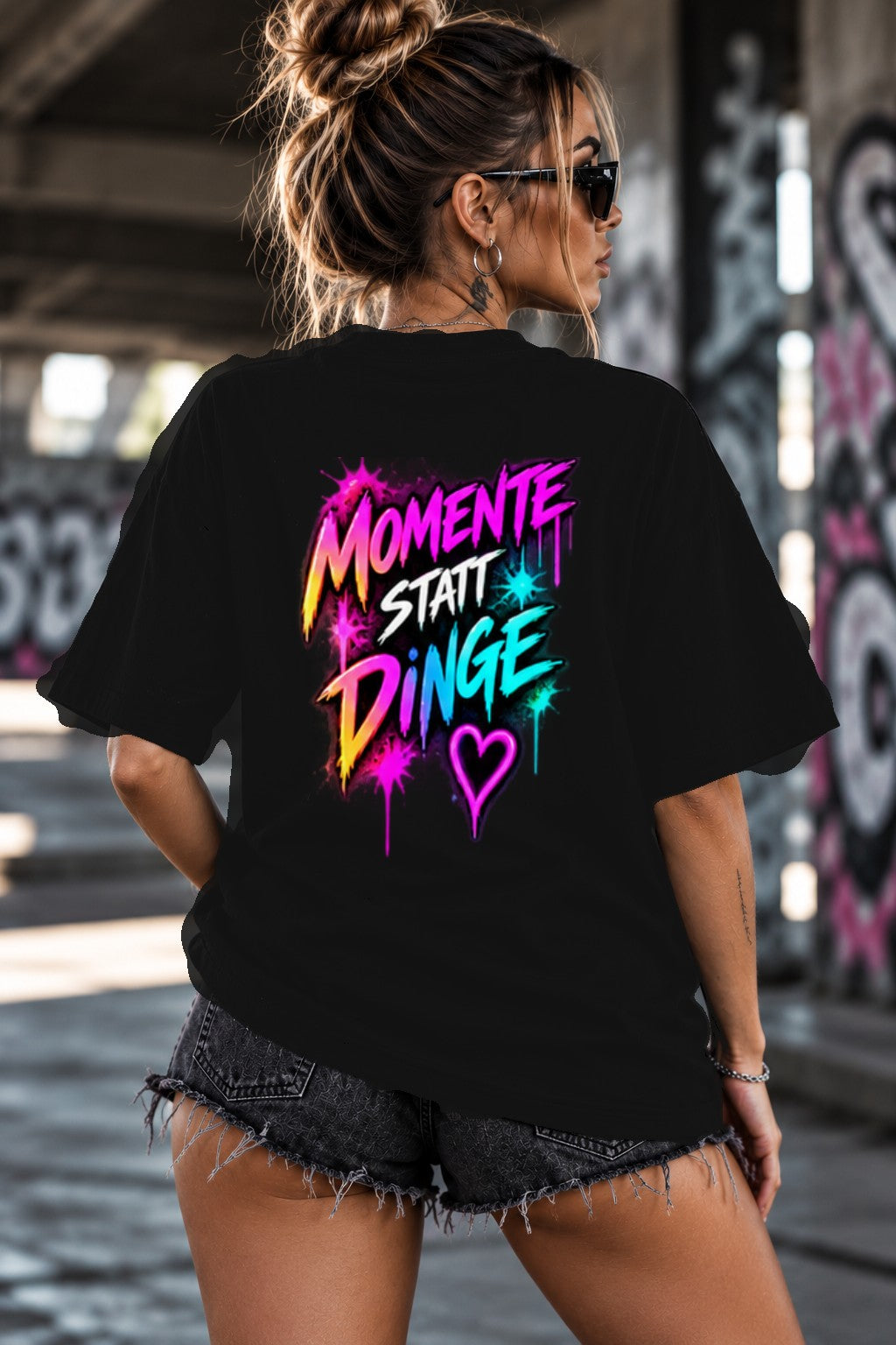 Neon Vibe Damen Oversized T-Shirt – Momente Statt Dinge – DTF Backprint in Schwarz, Größe 5XL