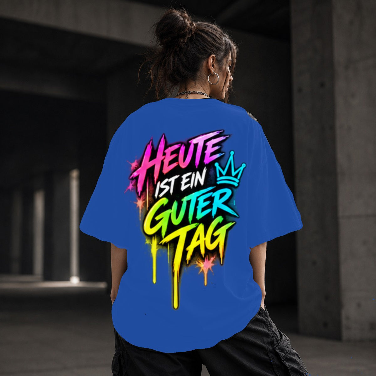 Neon Vibe Damen Oversized T-Shirt – Heute Ist Ein Guter Tag – DTF Backprint in Blau, Größe 5XL