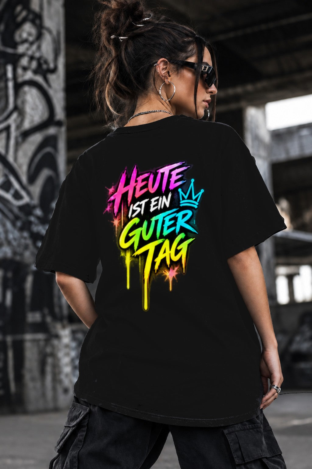 Neon Vibe Damen Oversized T-Shirt – Heute Ist Ein Guter Tag – DTF Backprint in Schwarz, Größe 5XL