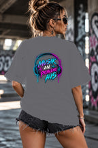 Neon Vibe Damen Oversized T-Shirt – Musik an Probleme aus – DTF Backprint in Grau, Größe 5XL