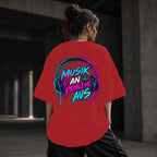 Neon Vibe Damen Oversized T-Shirt – Musik an Probleme aus – DTF Backprint in Rot, Größe 5XL