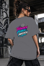 Neon Vibe Damen Oversized T-Shirt – Träumen planen machen – DTF Backprint in Grau, Größe 5XL
