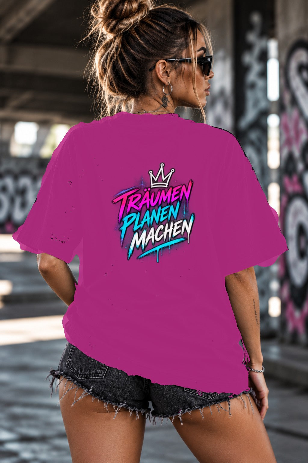 Neon Vibe Damen Oversized T-Shirt – Träumen planen machen – DTF Backprint in Pink, Größe 5XL