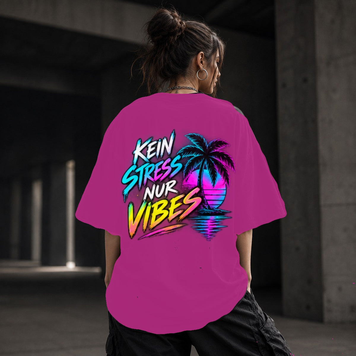 Neon Vibe Damen Oversized T-Shirt – Kein Stress nur Vibes – DTF Backprint in Pink, Größe 5XL
