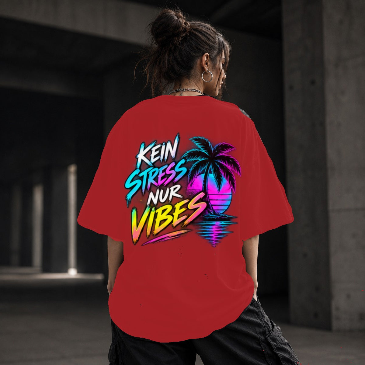 Neon Vibe Damen Oversized T-Shirt – Kein Stress nur Vibes – DTF Backprint in Rot, Größe 5XL