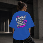 Neon Vibe Damen Oversized T-Shirt – Familie ist mein Anker – DTF Backprint in Blau, Größe 5XL