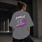 Neon Vibe Damen Oversized T-Shirt – Familie ist mein Anker – DTF Backprint in Grau, Größe 5XL
