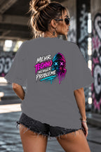 Neon Vibe Damen Oversized T-Shirt – Mehr Techno weniger Probleme – DTF Backprint in Grau, Größe 5XL