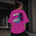 Neon Vibe Damen Oversized T-Shirt – Mehr Techno weniger Probleme – DTF Backprint in Pink, Größe 5XL