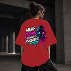 Neon Vibe Damen Oversized T-Shirt – Mehr Techno weniger Probleme – DTF Backprint in Rot, Größe 5XL