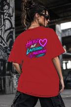 Neon Vibe Damen Oversized T-Shirt – Herz auf Lautstärke Maximum – DTF Backprint in Rot, Größe 5XL