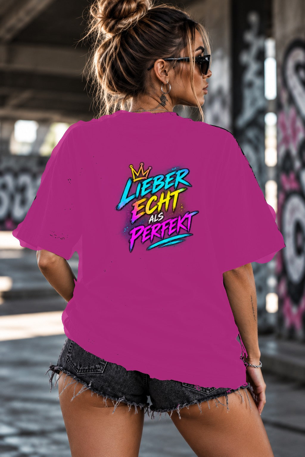 Neon Vibe Damen Oversized T-Shirt – Lieber echt als perfekt – DTF Backprint in Pink, Größe 5XL
