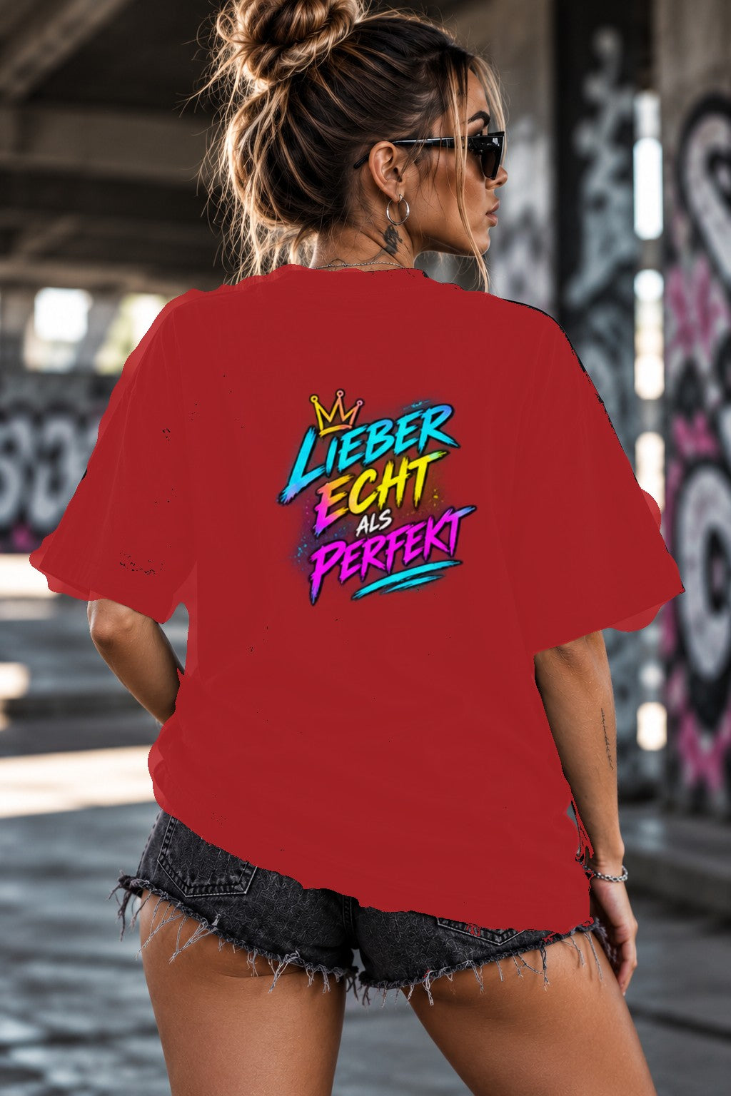Neon Vibe Damen Oversized T-Shirt – Lieber echt als perfekt – DTF Backprint in Rot, Größe 5XL