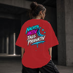 Neon Vibe Damen Oversized T-Shirt – Nachts aktiv tags produktiv – DTF Backprint in Rot, Größe 5XL