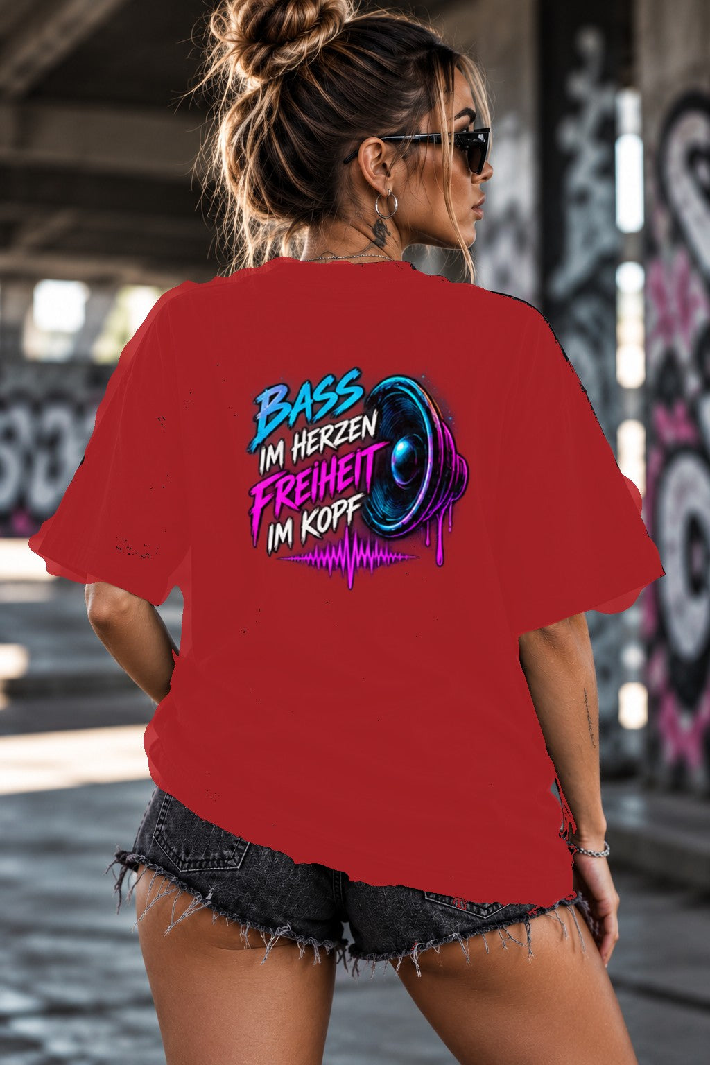 Neon Vibe Damen Oversized T-Shirt – Bass im Herzen Freiheit im Kopf – DTF Backprint in Rot, Größe 5XL