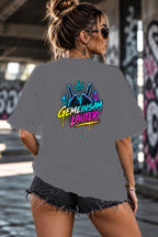 Neon Vibe Damen Oversized T-Shirt – Gemeinsam lauter – DTF Backprint in Grau, Größe 5XL