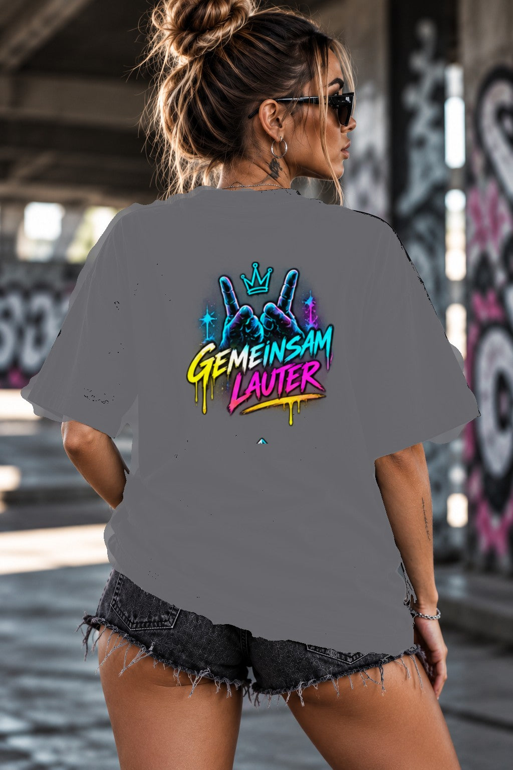 Neon Vibe Damen Oversized T-Shirt – Gemeinsam lauter – DTF Backprint in Grau, Größe 5XL