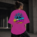 Neon Vibe Damen Oversized T-Shirt – Gemeinsam lauter – DTF Backprint in Pink, Größe 5XL