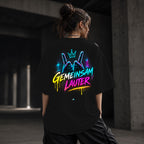 Neon Vibe Damen Oversized T-Shirt – Gemeinsam lauter – DTF Backprint in Schwarz, Größe 5XL