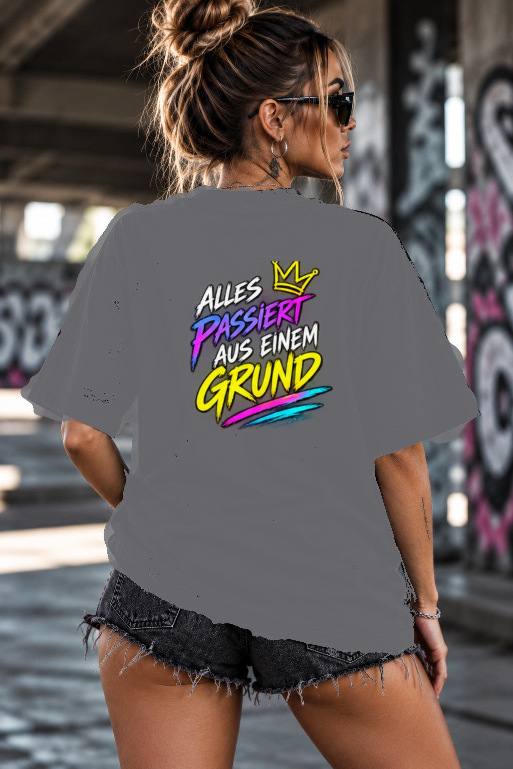 Neon Vibe Damen Oversized T-Shirt – Alles passiert aus einem Grund – DTF Backprint in Grau, Größe 5XL