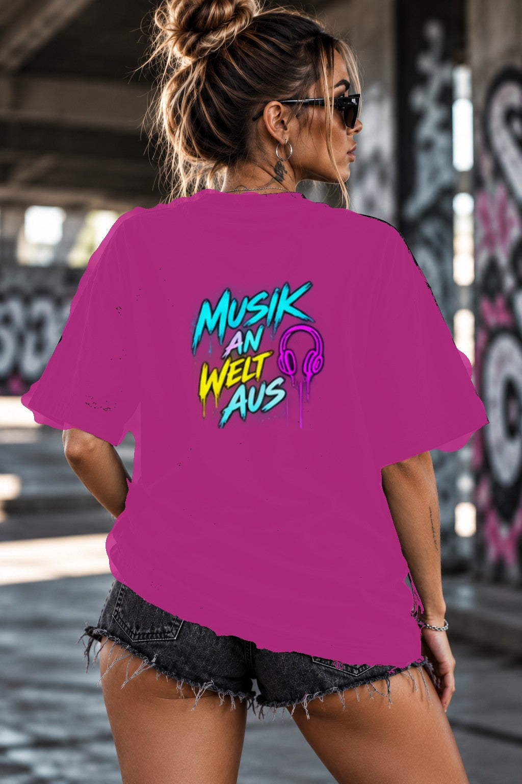 Neon Vibe Damen Oversized T-Shirt – Musik an Welt aus – DTF Backprint in Pink, Größe 5XL