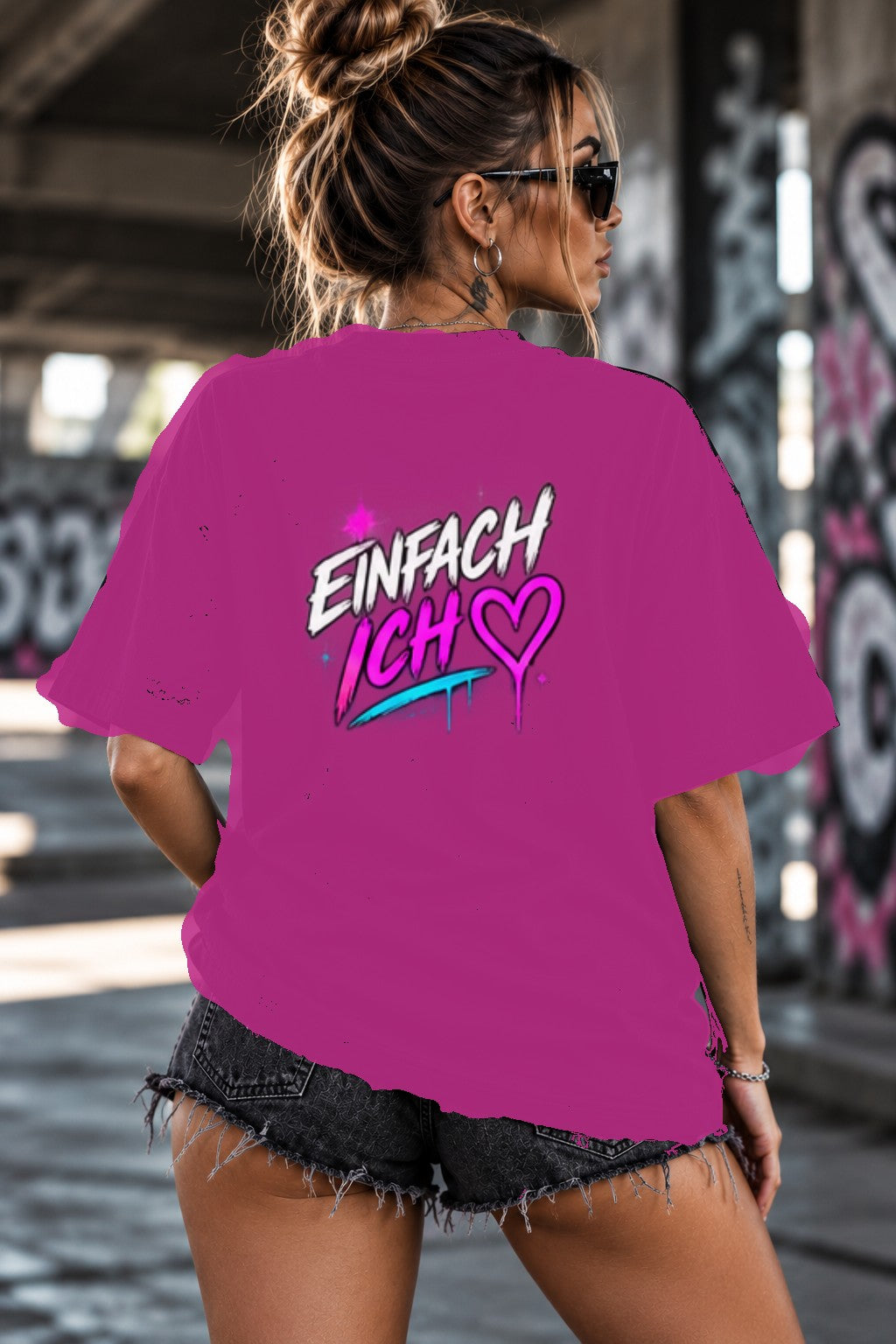 Neon Vibe Damen Oversized T-Shirt – Einfach ich – DTF Backprint in Pink, Größe 5XL