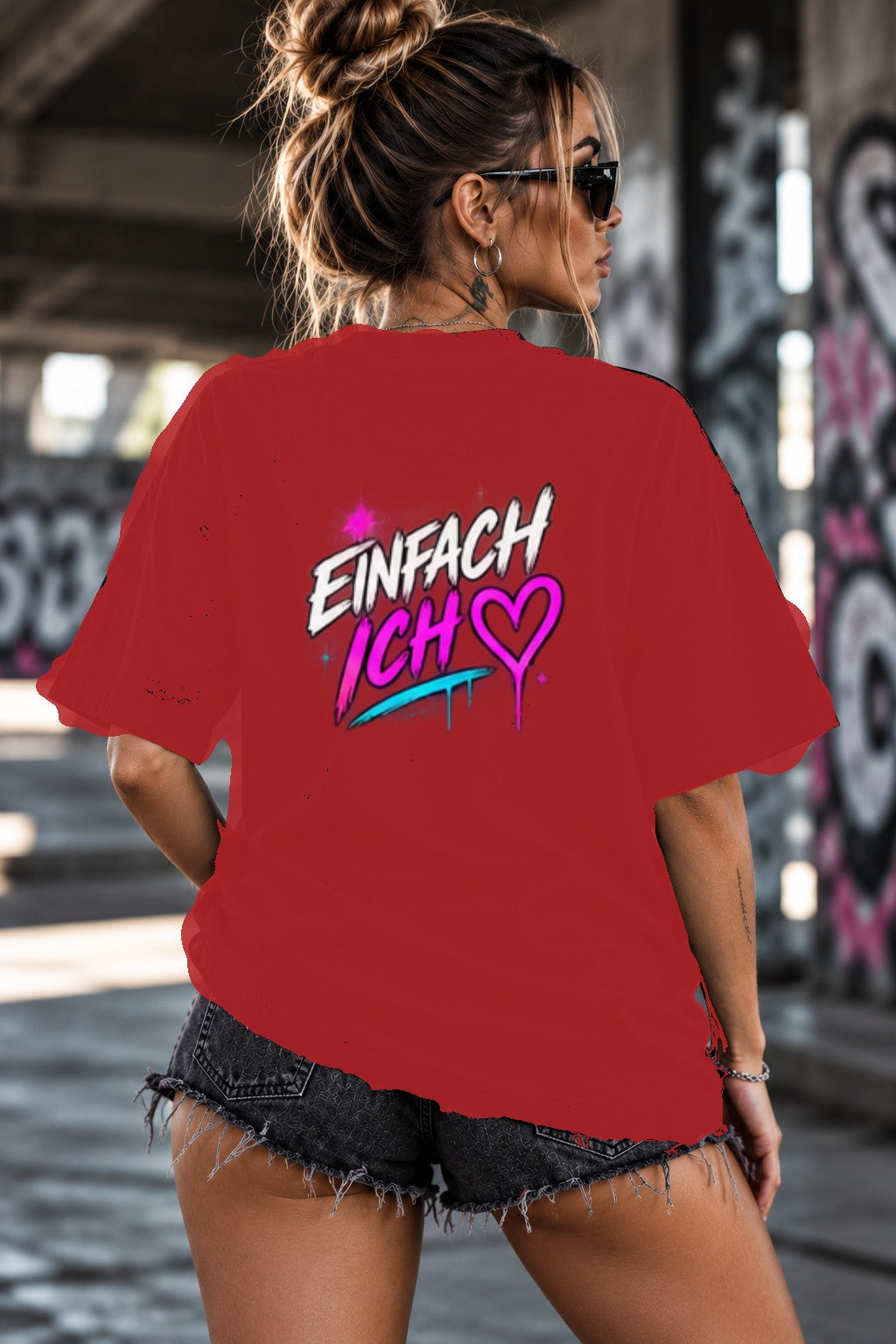 Neon Vibe Damen Oversized T-Shirt – Einfach ich – DTF Backprint in Rot, Größe 5XL