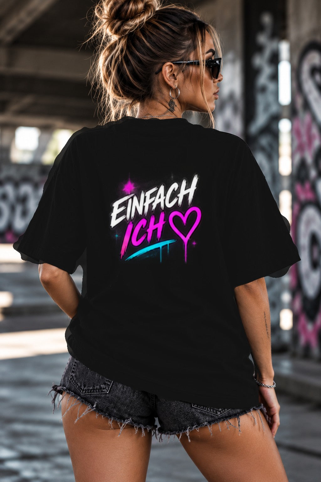 Neon Vibe Damen Oversized T-Shirt – Einfach ich – DTF Backprint in Schwarz, Größe 5XL