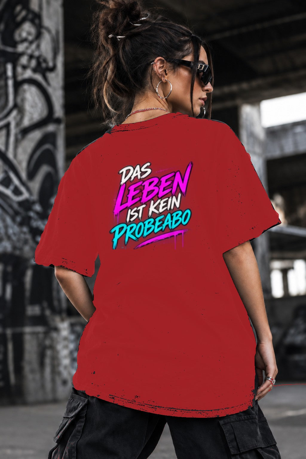 Neon Vibe Damen Oversized T-Shirt – Das Leben ist kein Probebo – DTF Backprint in Rot, Größe 5XL
