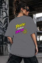 Neon Vibe Damen Oversized T-Shirt – Positiv durch den Tag – DTF Backprint in Grau, Größe 5XL