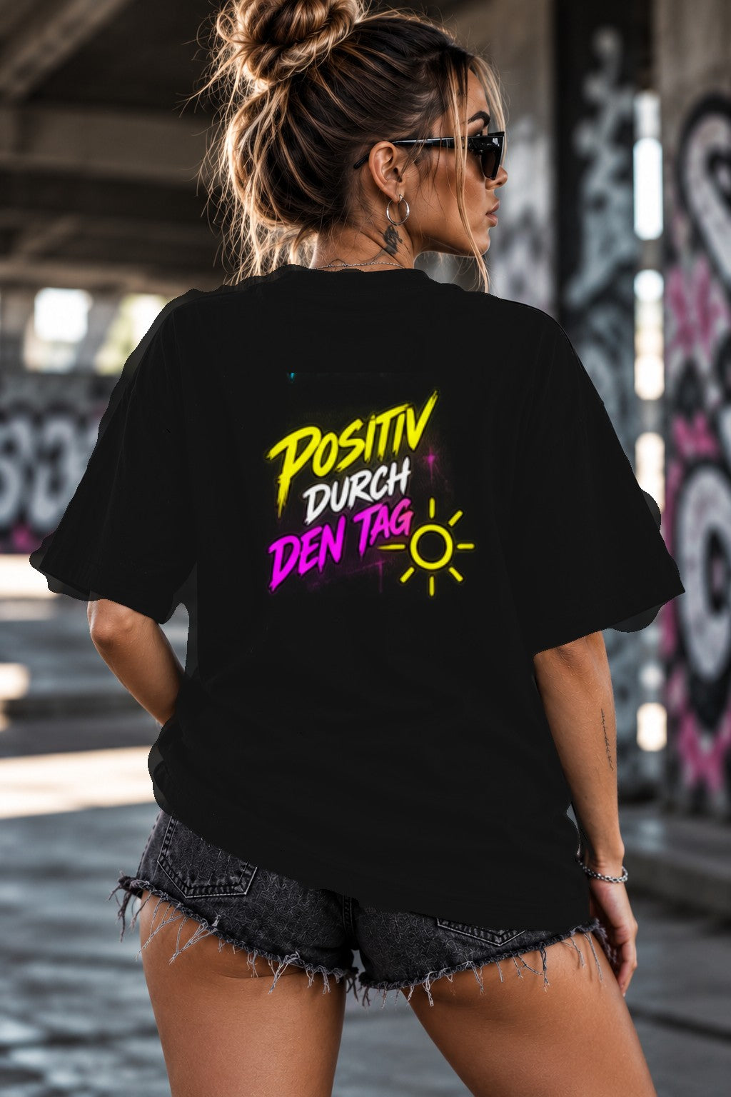 Neon Vibe Damen Oversized T-Shirt – Positiv durch den Tag – DTF Backprint in Schwarz, Größe 5XL