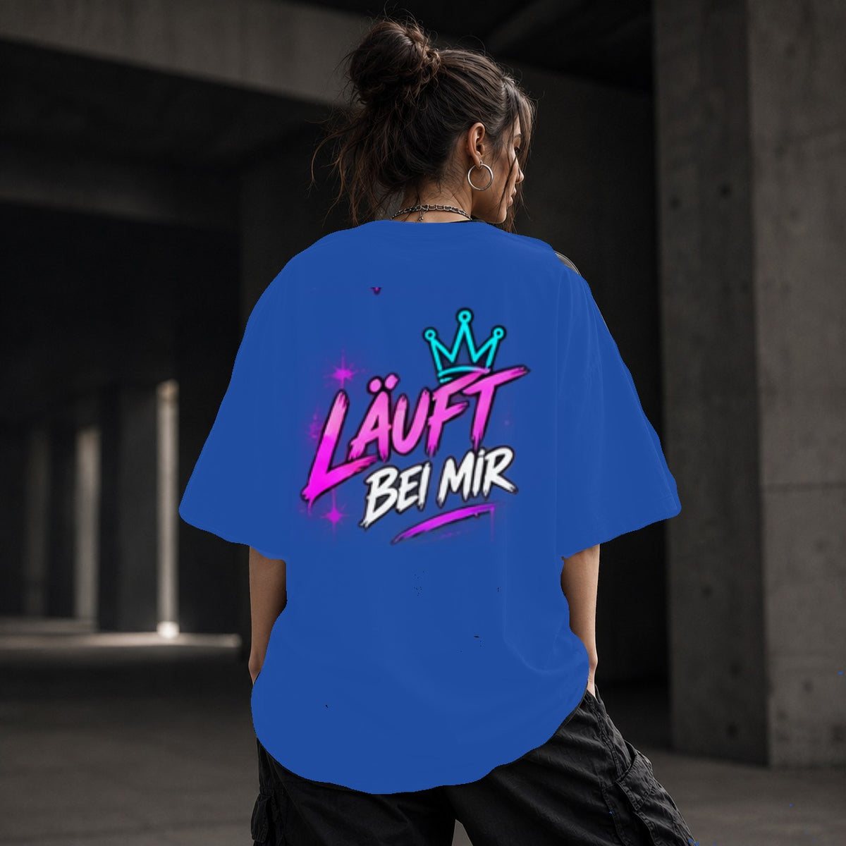 Neon Vibe Damen Oversized T-Shirt – Läuft bei mir – DTF Backprint in Blau, Größe 5XL