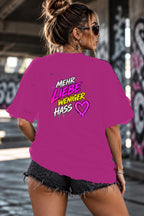 Neon Vibe Damen Oversized T-Shirt – Mehr Liebe weniger Hass – DTF Backprint in Pink, Größe 5XL