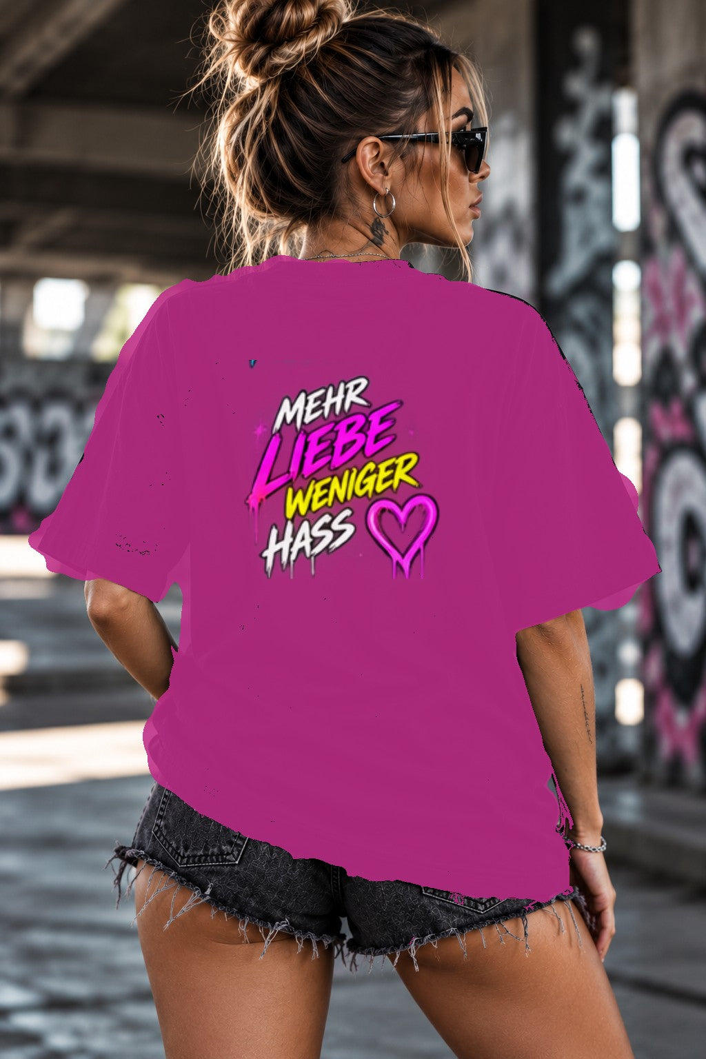 Neon Vibe Damen Oversized T-Shirt – Mehr Liebe weniger Hass – DTF Backprint in Pink, Größe 5XL