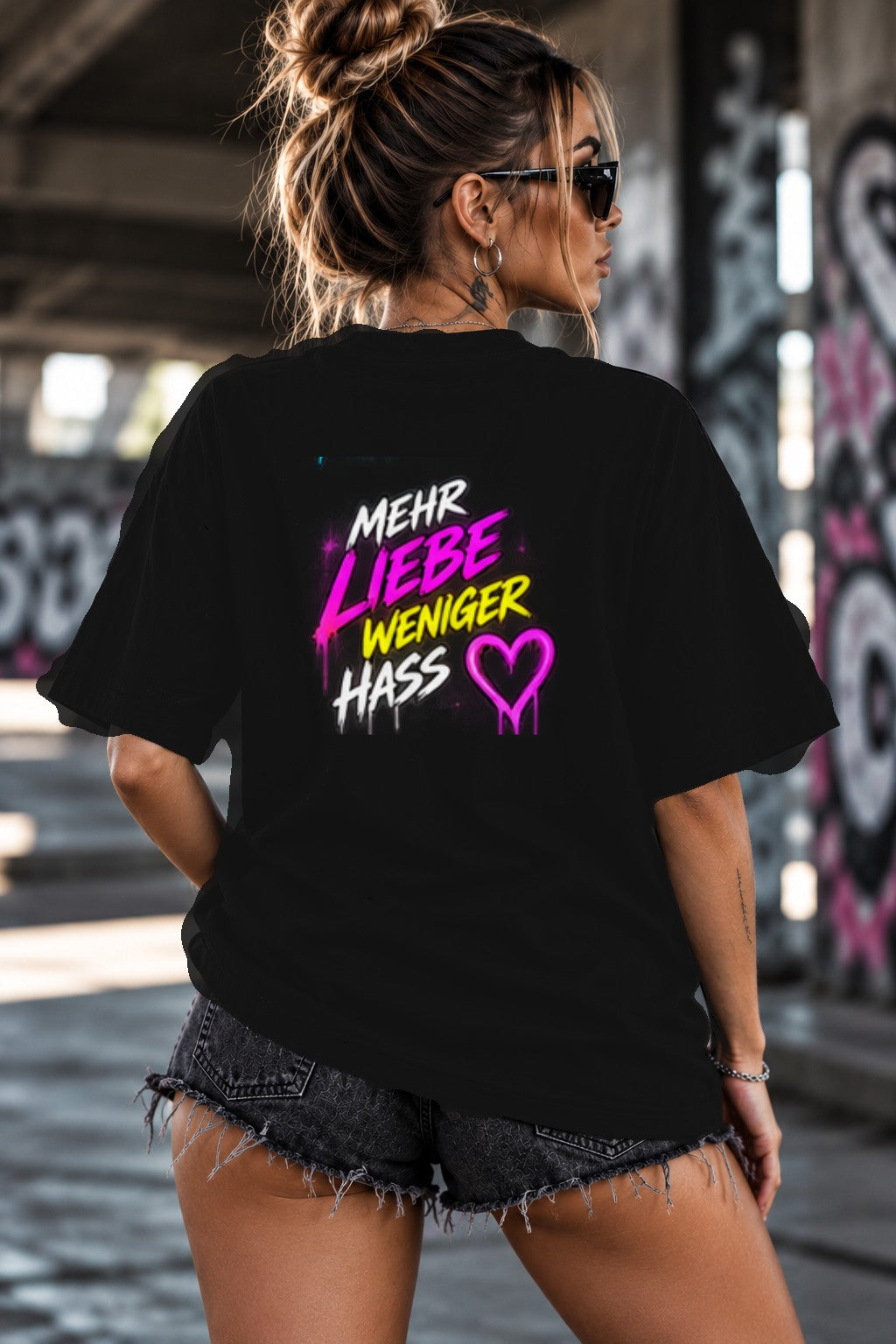 Neon Vibe Damen Oversized T-Shirt – Mehr Liebe weniger Hass – DTF Backprint in Schwarz, Größe 5XL