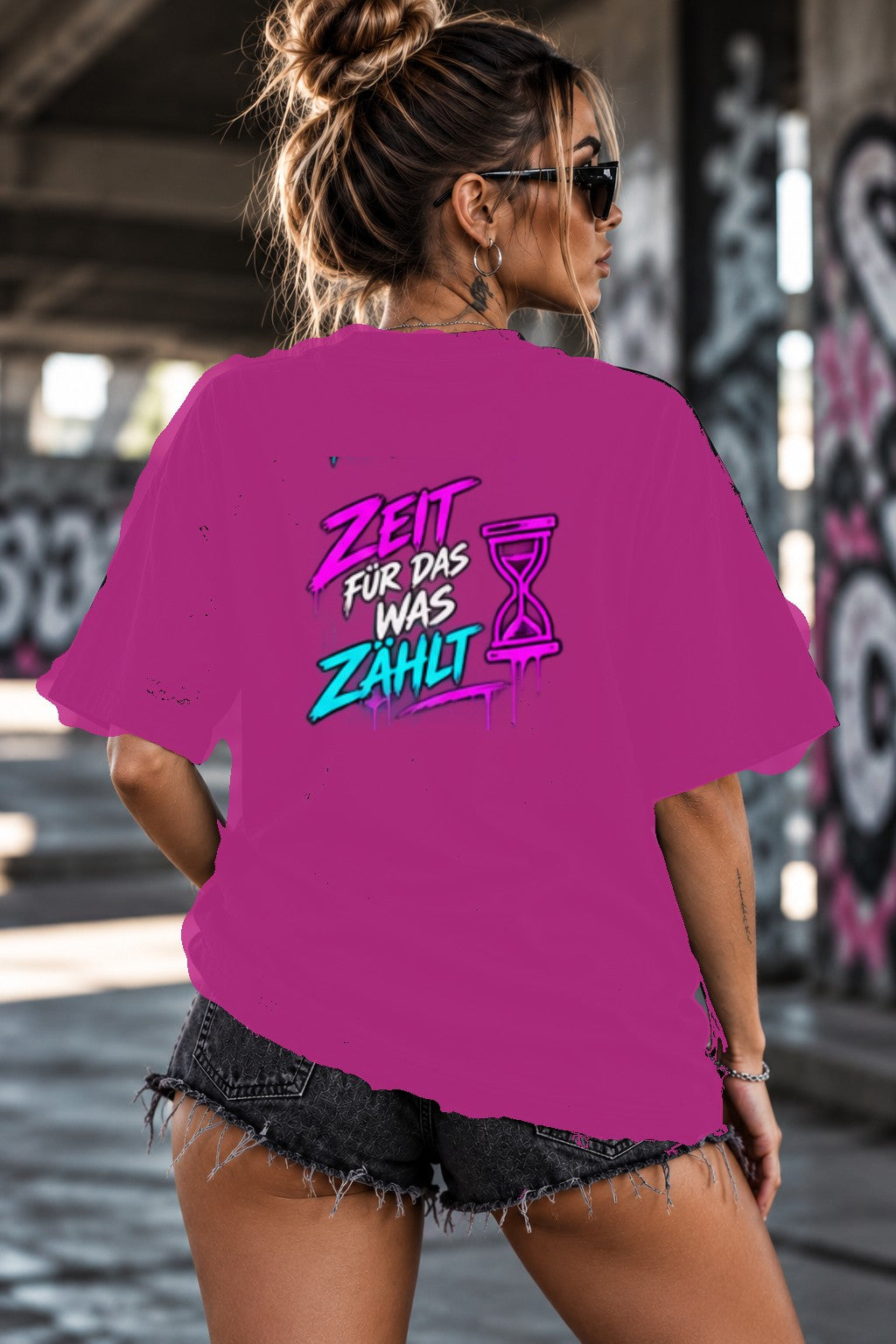 Neon Vibe Damen Oversized T-Shirt – Zeit für das was zählt – DTF Backprint in Pink, Größe 5XL