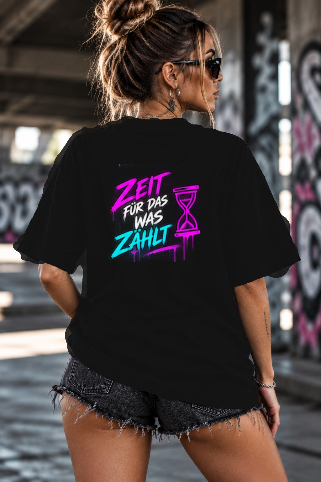 Neon Vibe Damen Oversized T-Shirt – Zeit für das was zählt – DTF Backprint in Schwarz, Größe 5XL
