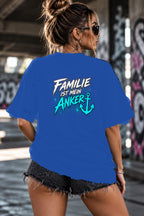 Neon Vibe Damen Oversized T-Shirt – Familie ist mein Anker – DTF Backprint in Blau, Größe 5XL